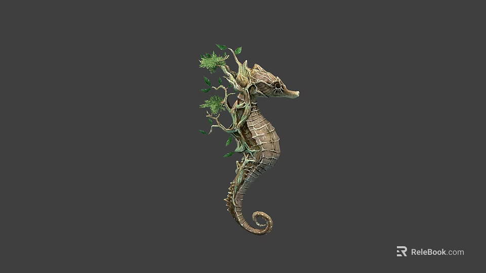 Unique Seahorse Art Sculpture Made With Branch Elements And Fresh Green Leaves 3d model 