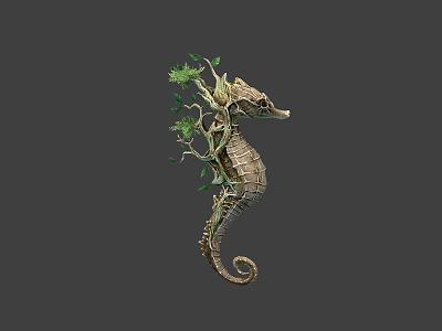 Unique Seahorse Art Sculpture Made With Branch Elements And Fresh Green Leaves 3d model
