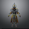 Mythical Character And Armored Creature With Intricate Spiked Armor Ornate Headpiece Blue Orange Accents