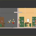 Cartoon Interior Scene with Green Bookshelves Tables Chairs Books and Wall Decor in Study Area