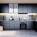 Modern Black Kitchen Interior Design With Backlit Backsplash Countertop Cabinets And Appliances 3d model