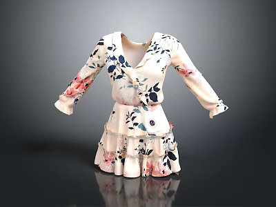 Elegant Floral Pattern V Neck Long Sleeve Dress With Layered Skirt And Feminine Design 3d model