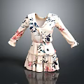 Elegant Floral Pattern V Neck Long Sleeve Dress With Layered Skirt And Feminine Design