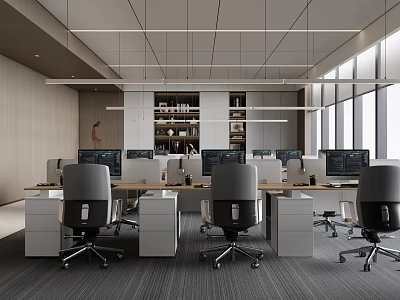 Modern Office Interior Design With Desks Computers Office Chairs Bookshelves And Large Windows 3d model