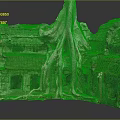 Cartoon Scene of Giant Tree Roots Wrapping Ancient Stone Buildings Tile Roofs And Square Windows