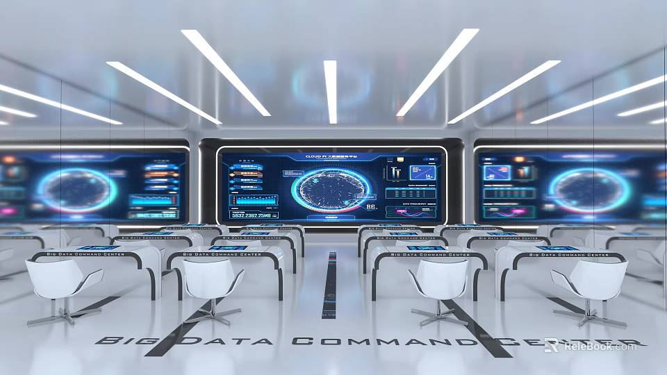 Modern Big Data Command Center with Multiple Large Screens Data Displays and Control Consoles 3d model
