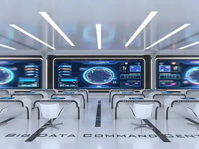 Modern Big Data Command Center with Multiple Large Screens Data Displays and Control Consoles 3d model