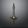 Fantasy Sword With Green White Striped Blade And Carved Brown Hilt