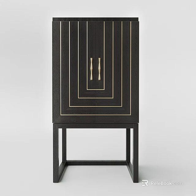 Modern Black Chest of Drawers With Gold Handles And Decorative Lines On High Legs 3d model 