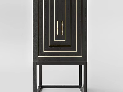 Modern Black Chest of Drawers With Gold Handles And Decorative Lines On High Legs 3d model