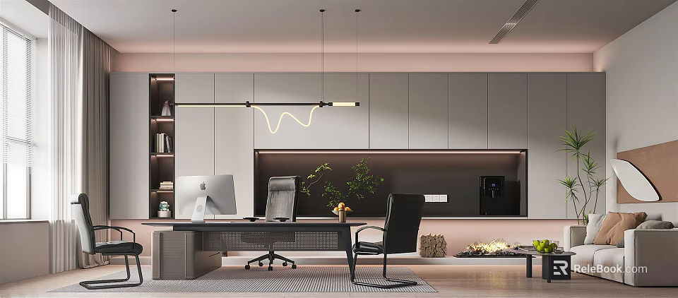 Modern Office Interior Design With Workstation Desk Computer Chair And Green Plants 3d model 