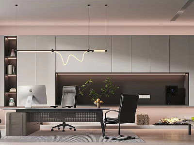 Modern Office Interior Design With Workstation Desk Computer Chair And Green Plants 3d model