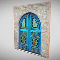 Blue Door With Gold Decorative Patterns And Arched Frame In Stone Wall