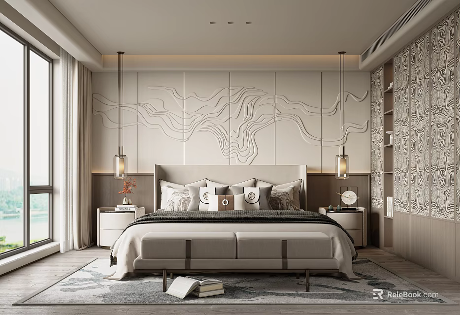 Modern Bedroom Interior With Wavy Pattern Wall King Size Bed Nightstands And Large Windows 3d model
