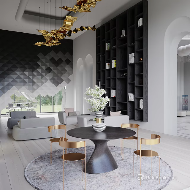 Luxury Dining Living Room Interior With Black Bookshelf Gold Chandelier And Round Table 3d model 