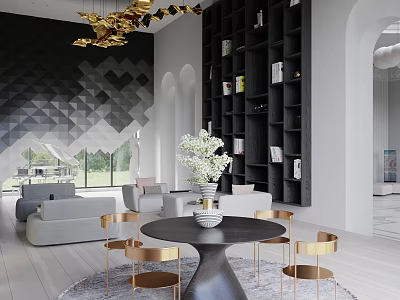 Luxury Dining Living Room Interior With Black Bookshelf Gold Chandelier And Round Table 3d model