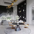 Luxury Dining Living Room Interior With Black Bookshelf Gold Chandelier And Round Table