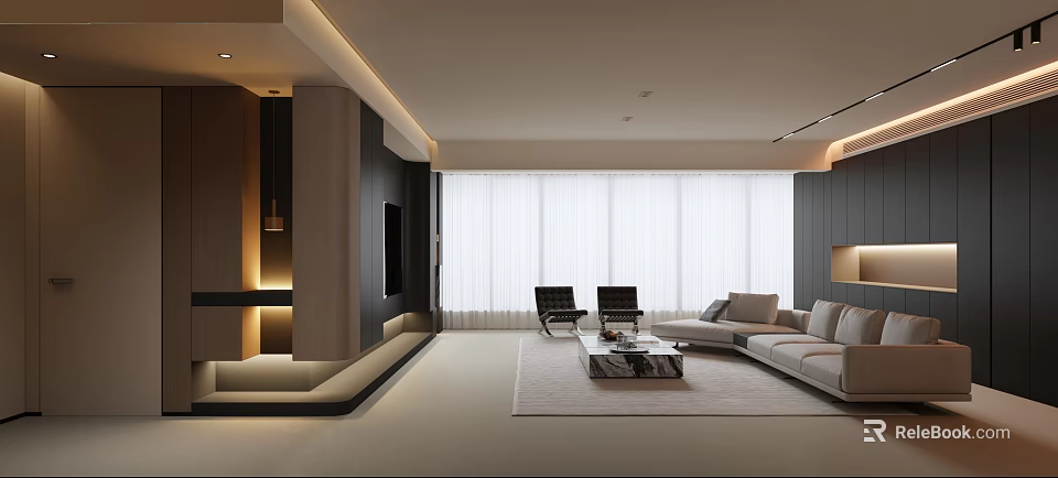 Modern Living and Dining Room Interior With Sofa Coffee Table Chairs And Large Windows 3d model 