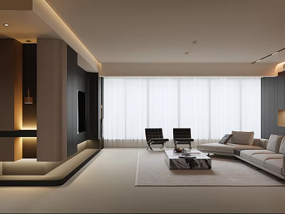 Modern Living and Dining Room Interior With Sofa Coffee Table Chairs And Large Windows 3d model