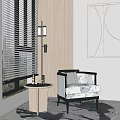 Modern Accent Chair with Blue White Floral Cushion by Window Blinds and Floor Lamp