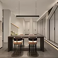 Modern Office Corridor With Dark Wood Grain Walls Red Cabinet And Golden Statue