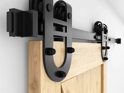 Black Metal Sliding Barn Door Hardware With Wooden Panel And Track System 3d model