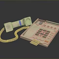 Vintage Computer Device With Beige Body Curly Cable Button Panel And Yellow Sticky Note 3d model