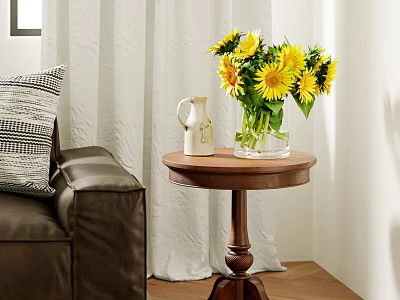 Round Side Table With Glass Vase Of Sunflowers Next To Brown Sofa And White Curtain 3d model
