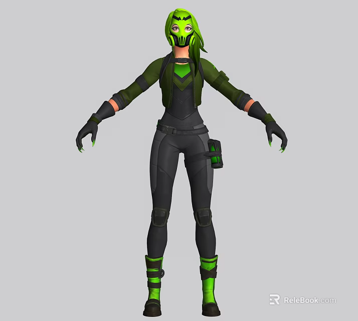 Game Movie Character With Green Hair Mask Black Bodysuit Green Accents And Gear 3d model 