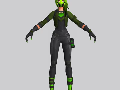 Game Movie Character With Green Hair Mask Black Bodysuit Green Accents And Gear 3d model