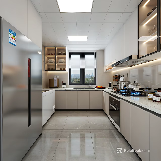 Modern Kitchen Interior With Stainless Steel Refrigerator White Cabinets Gas Stove And Oven 3d model 