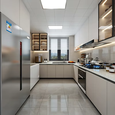 Modern Kitchen Interior With Stainless Steel Refrigerator White Cabinets Gas Stove And Oven 3d model
