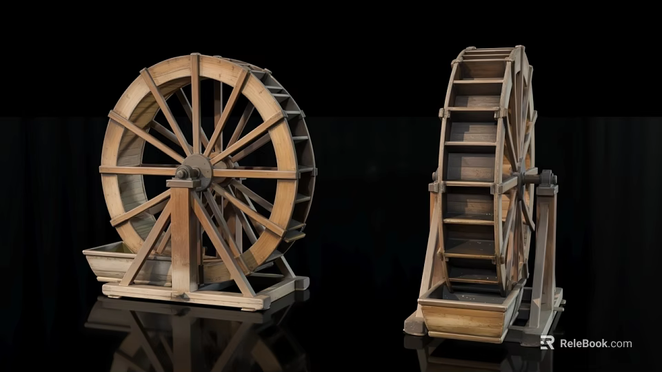 Two Wooden Waterwheel Models On Reflective Surface With Black Background 3d model 