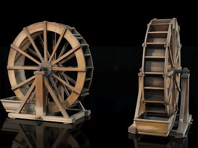 Two Wooden Waterwheel Models On Reflective Surface With Black Background 3d model