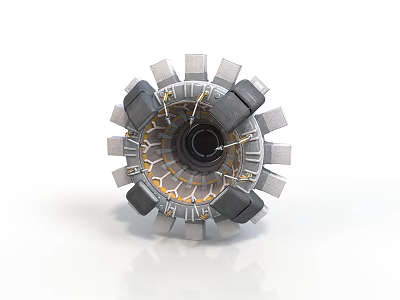 Mechanical Circular Component Featuring Gray Modules Gold Internal Framework And Central Black Core 3d model