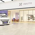 VIAUTO Car Storefront with Purple Facade and Glass Windows Displaying Vehicles in Showroom Interior