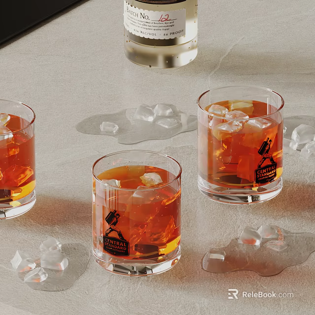 Wine Bottle and Three Glasses with Orange Drink Ice Cubes on Table 3d model