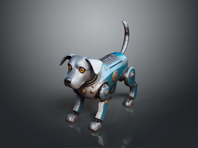 Standing Robotic Dog With Silver Blue Metallic Body Mechanical Legs And Yellow Eyes 3d model