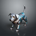 Standing Robotic Dog With Silver Blue Metallic Body Mechanical Legs And Yellow Eyes