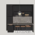 Stylish Bar Counter with Black Cabinetry Marble Top Brown Stools and Shelves with Cups