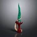 Artistic Decorative Weapon Featuring Green Blade Red Handle And Curved Ivory Like Accents