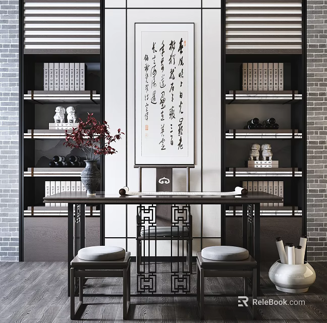 Traditional Chinese Writing Desk With Bookshelves Calligraphy Artwork And Decorative Vases 3d model 