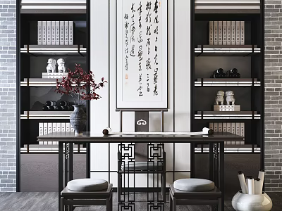 Traditional Chinese Writing Desk With Bookshelves Calligraphy Artwork And Decorative Vases 3d model