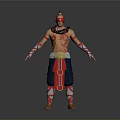 Man With Red Blindfold Tattoos On Upper Body Arm Wraps Blue Pants And Golden Belt