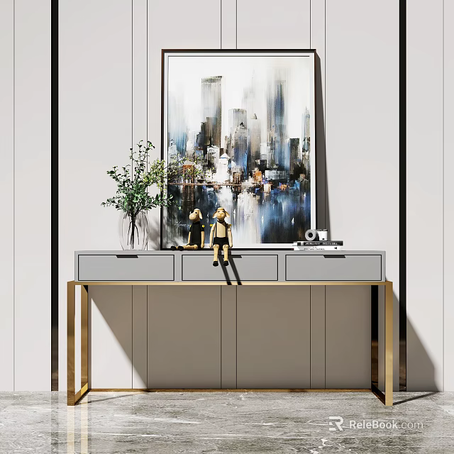 Modern Entryway Cabinet Sideboard with Gold Frame Gray Finish Vase Greenery Decorative Figurines Abstract Painting 3d model 