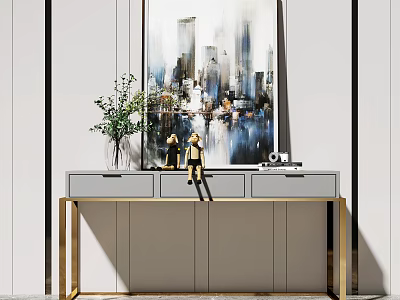 Modern Entryway Cabinet Sideboard with Gold Frame Gray Finish Vase Greenery Decorative Figurines Abstract Painting 3d model