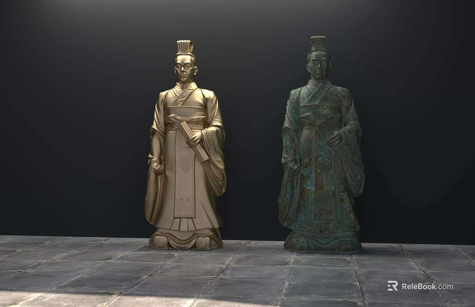 Ancient Style Landscape Sculptures With Traditional Robes Golden And Green Hues On Stone Ground 3d model 