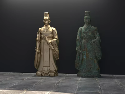 Ancient Style Landscape Sculptures With Traditional Robes Golden And Green Hues On Stone Ground 3d model