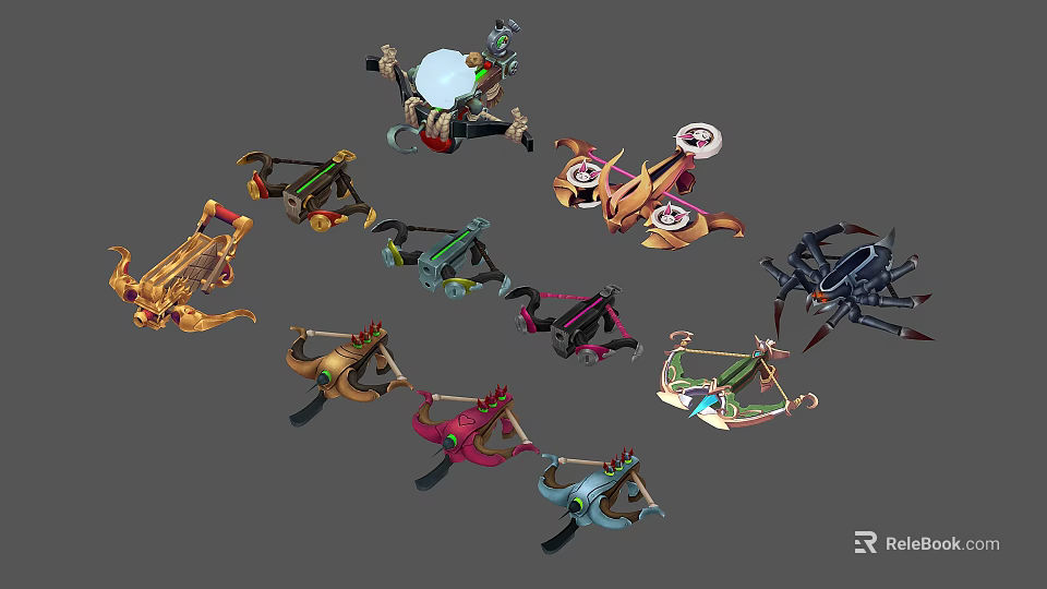 Various Colorful Fantasy Weapons With Different Mechanical Designs And Archery Styles 3d model 