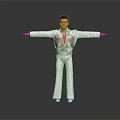 Man Standing With Arms Outstretched In White Sequined Jumpsuit And Red Scarf